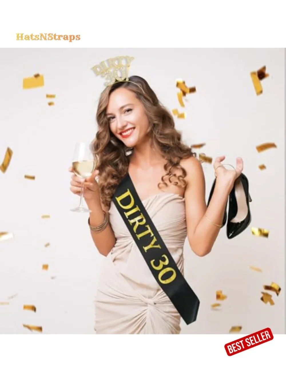 Gold Rhinestone Crown Headband & Black Sash Set for 30th Birthday